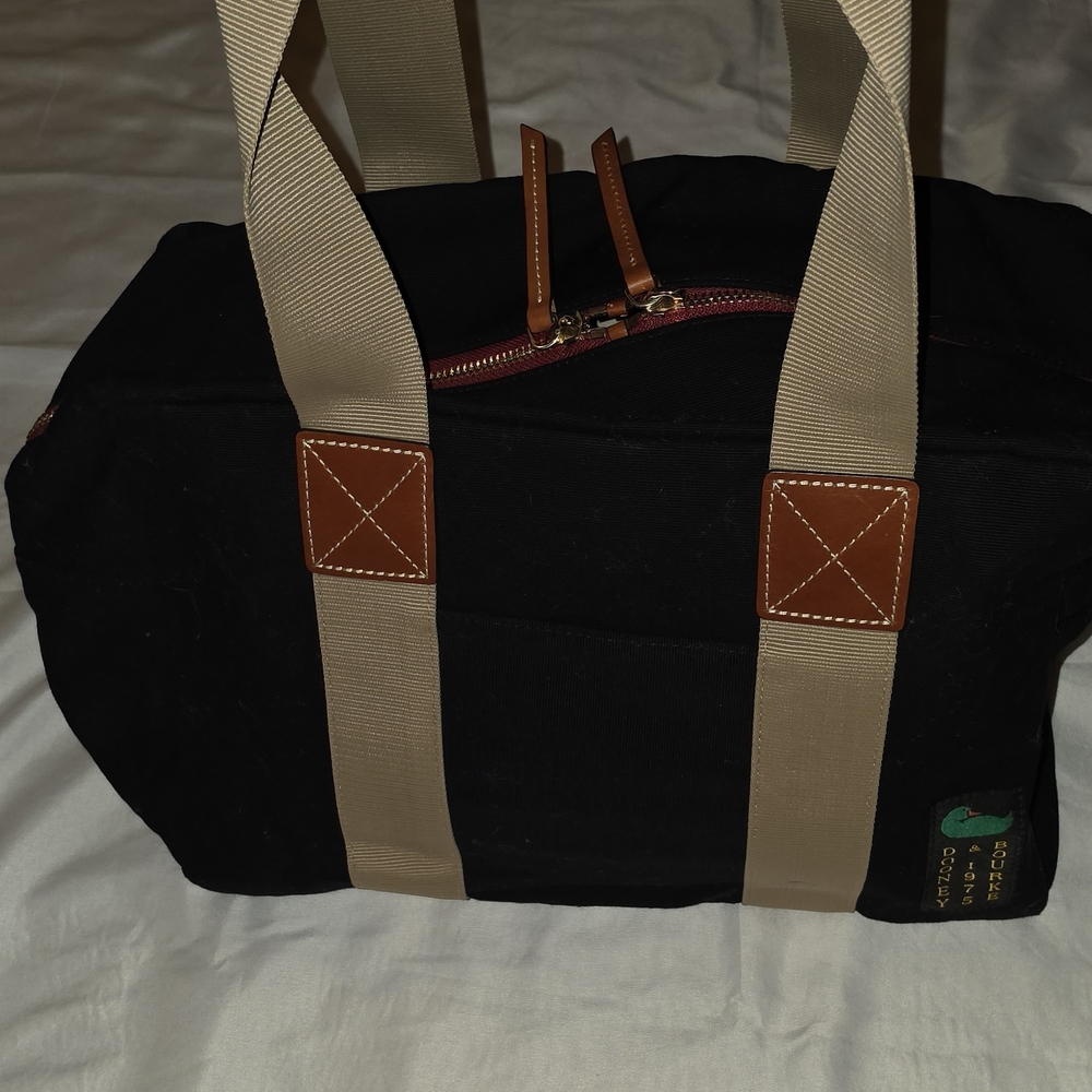 Dooney & Bourke Black Canvas Travel Duffel with Tan Straps